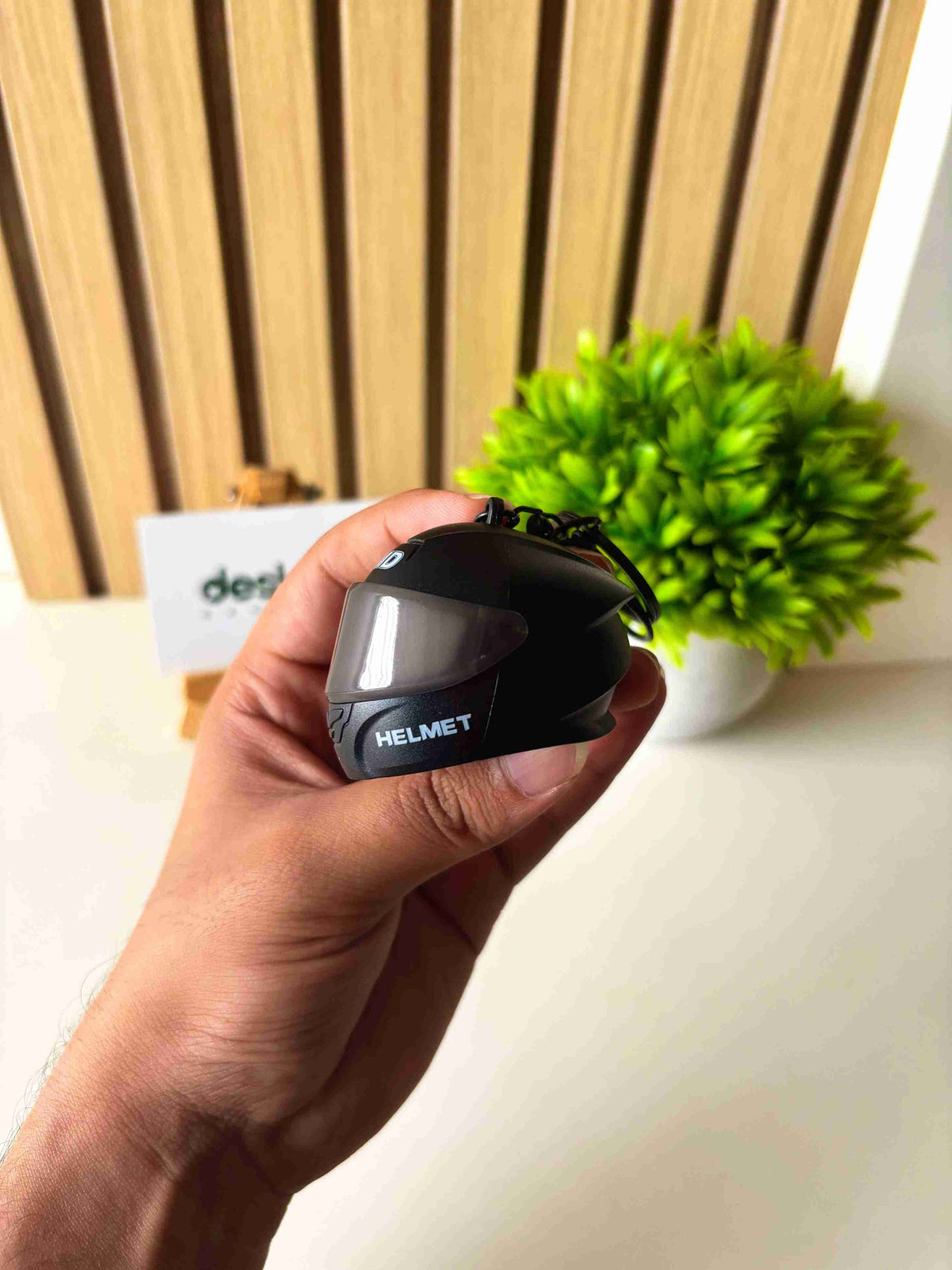 Deskco Mini Motorcycle Helmet Keychain Built-In LED Light Black