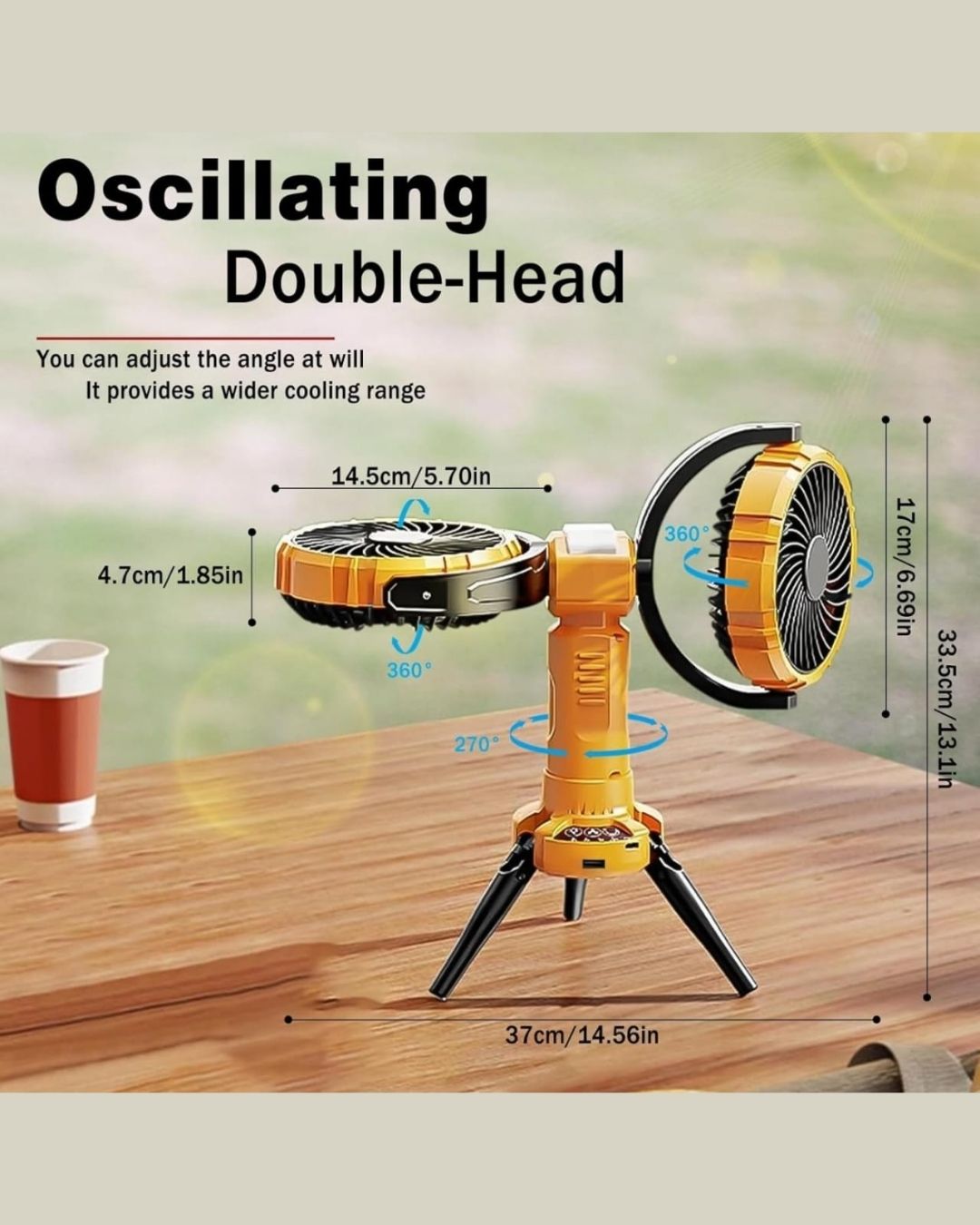 Portable Double Head Camping Fan with Light 8000mAh Rechargeable Oscillating
