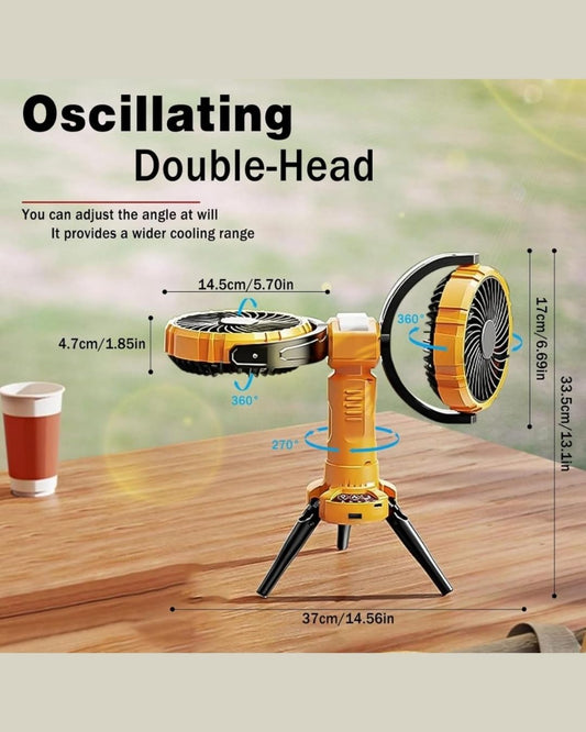 Portable Double Head Camping Fan with Light 8000mAh Rechargeable Oscillating