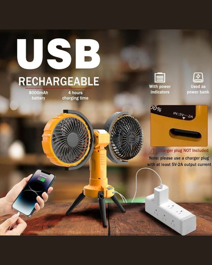 Portable Double Head Camping Fan with Light 8000mAh Rechargeable Oscillating