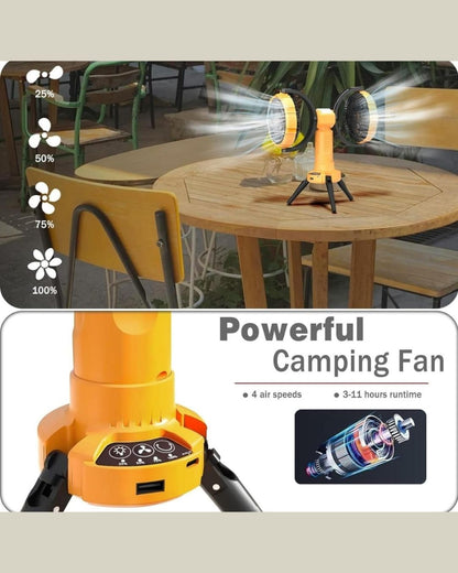 Portable Double Head Camping Fan with Light 8000mAh Rechargeable Oscillating