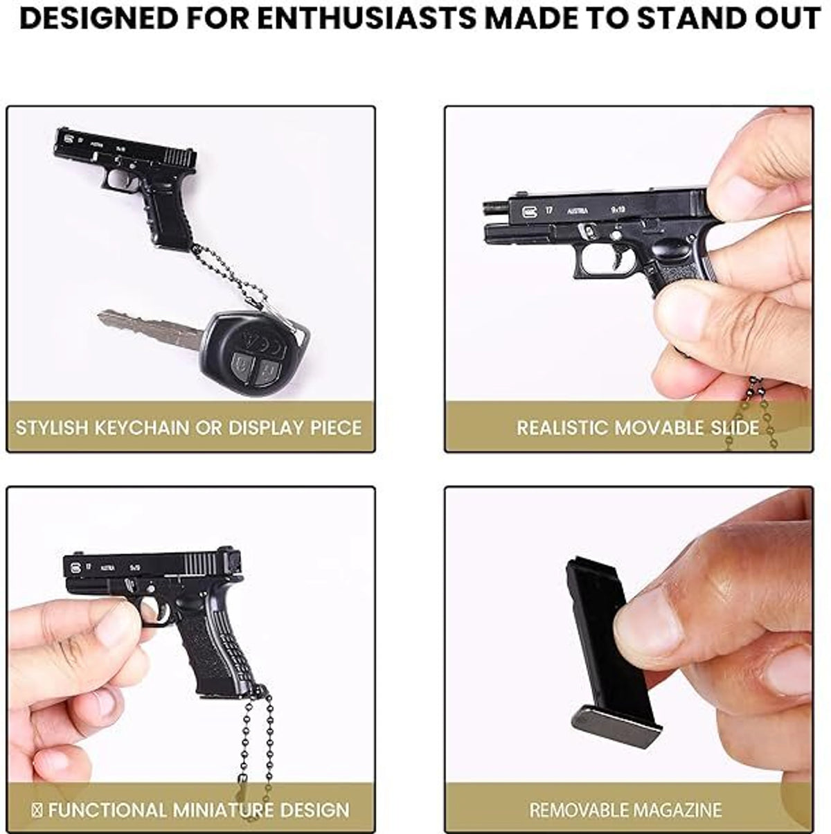 1:3 Scale Metal Glock Gun Miniature Pistol Model Keychain with Slide Action and Holster