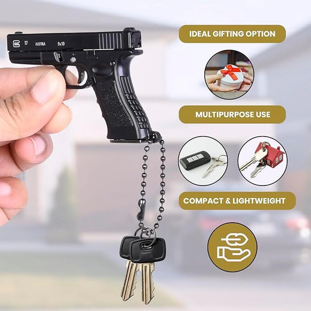 1:3 Scale Metal Glock Gun Miniature Pistol Model Keychain with Slide Action and Holster