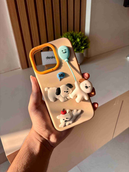 Balloon Pups 3D Puppy iPhone Case | Cute Kawaii Silicone Cover with Raised Dog Figures | Beige
