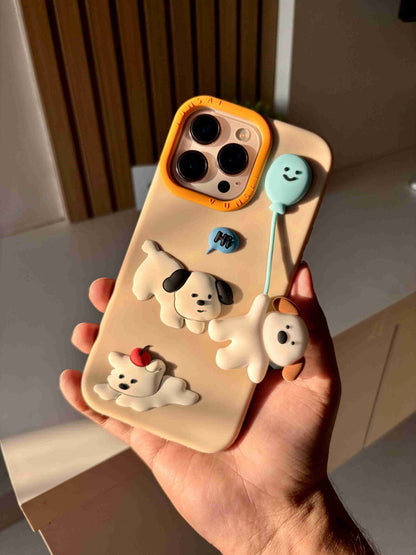 Balloon Pups 3D Puppy iPhone Case | Cute Kawaii Silicone Cover with Raised Dog Figures | Beige
