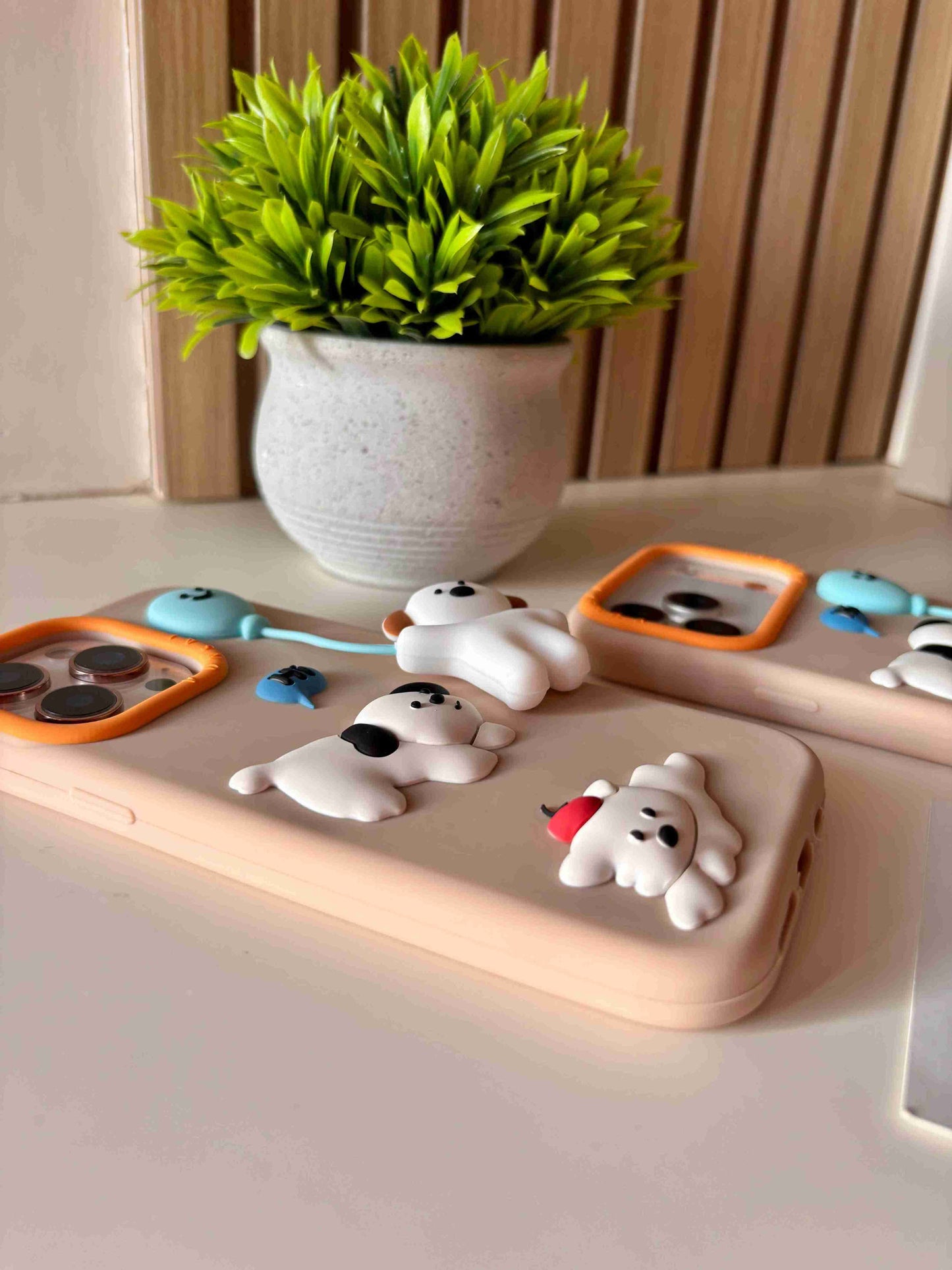 Balloon Pups 3D Puppy iPhone Case | Cute Kawaii Silicone Cover with Raised Dog Figures | Beige