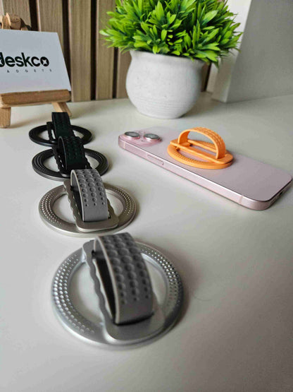 Deskco MagSafe Metallic Phone Grip Stand with Silicone Strap (Premium Zinc Alloy)