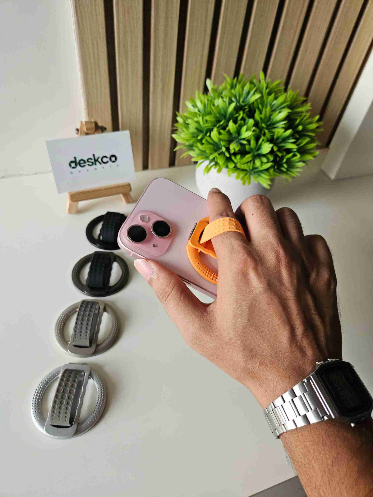 Deskco MagSafe Metallic Phone Grip Stand with Silicone Strap (Premium Zinc Alloy)