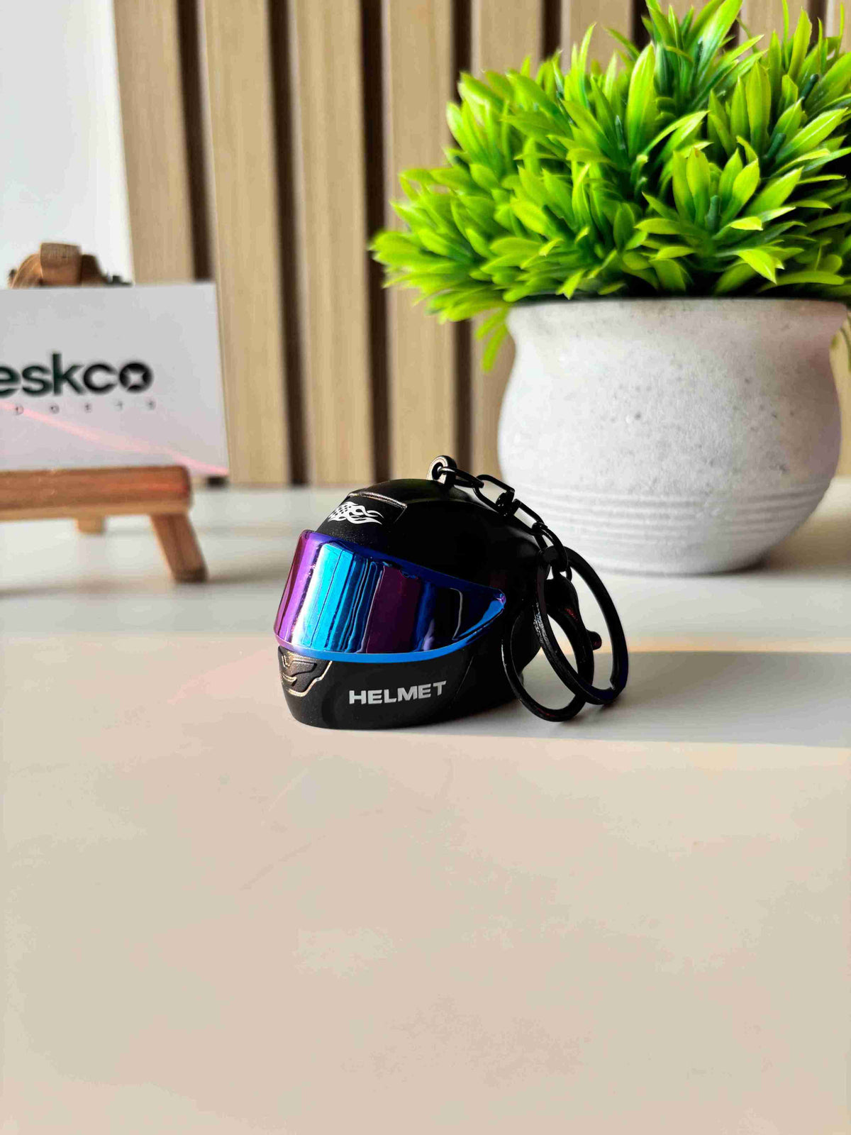 Deskco Mini Motorcycle Helmet Keychain Built-In LED Light Black
