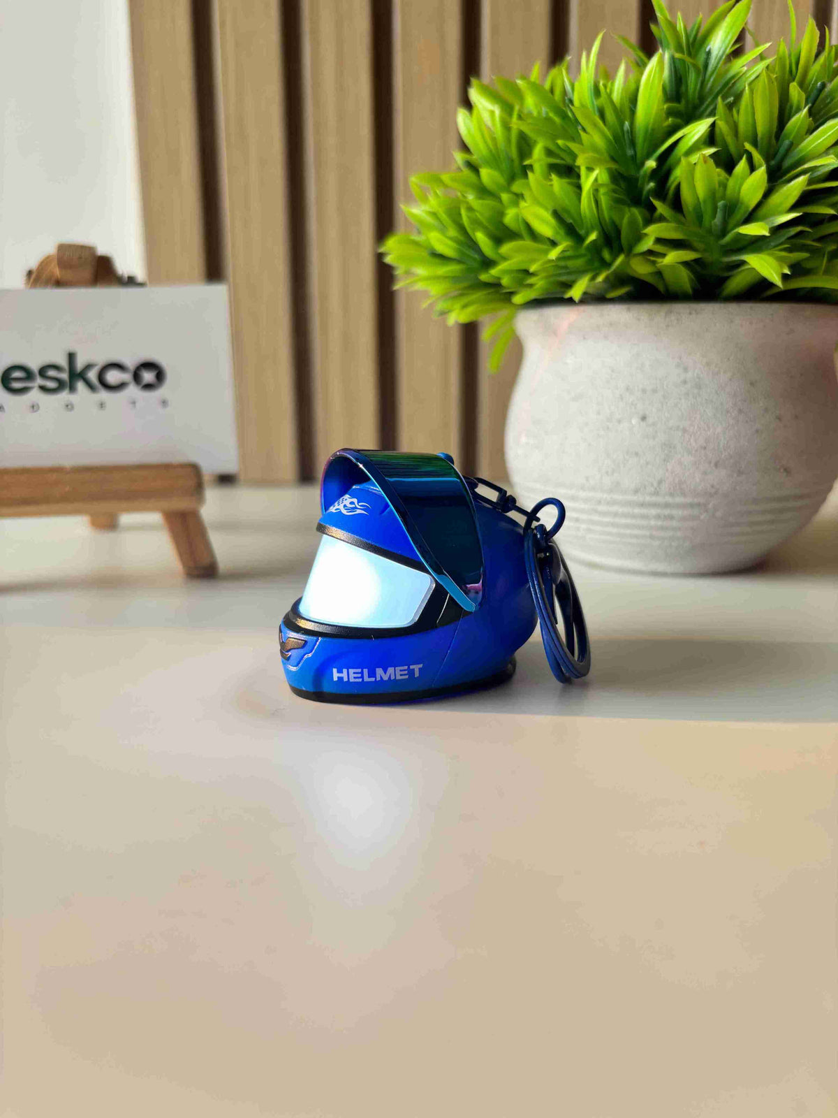 Deskco Mini Motorcycle Helmet Keychain Built-In LED Light Black
