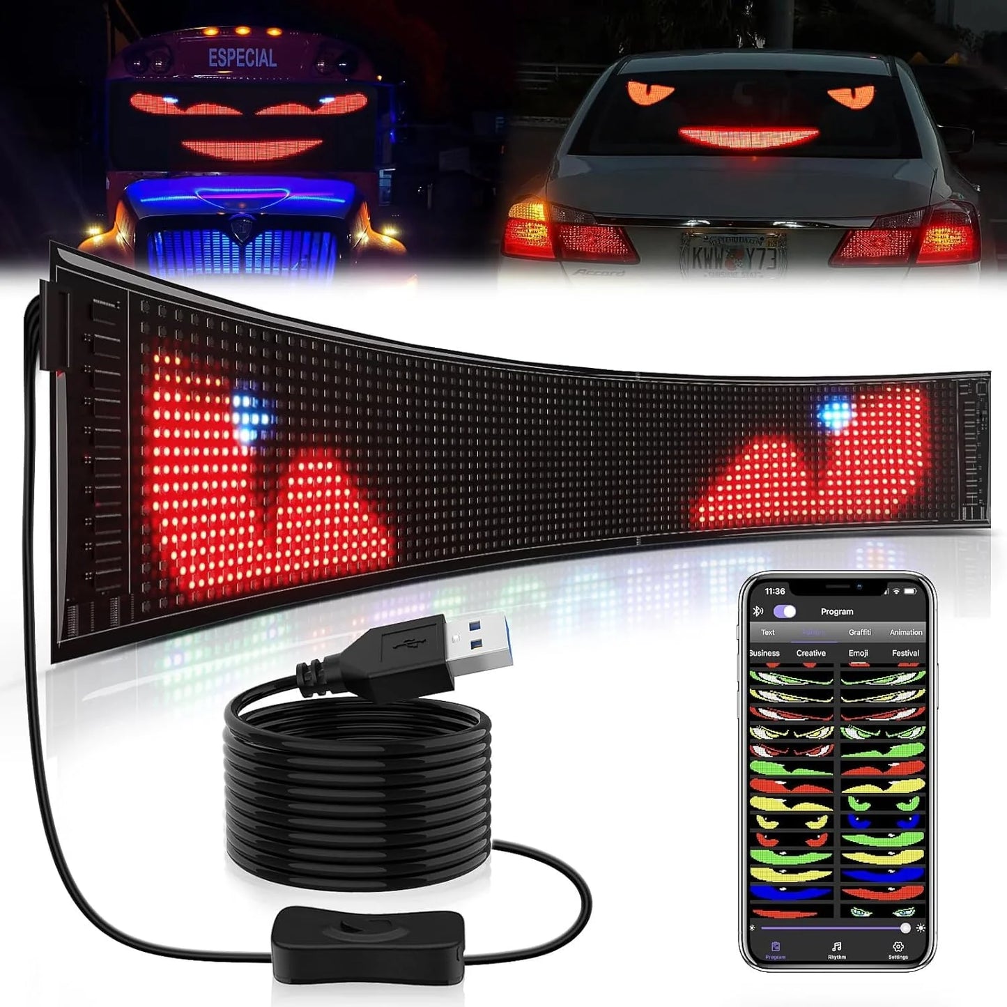 Smart Flexible LED Matrix Panel for Cars, Shops, Parties & Bars(App Controlled)
