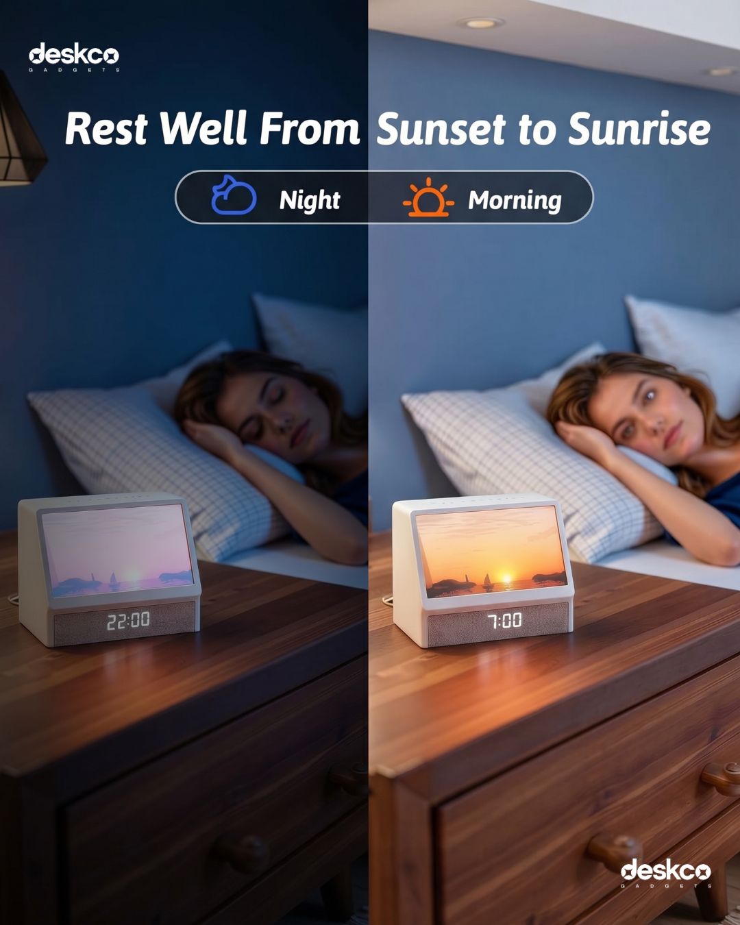 Deskco Horizon Dreamer Pro Lamp: Gentle Wake Alarm Clock with Sunrise and Sunset lamp effect & Bedside Bluetooth Speaker