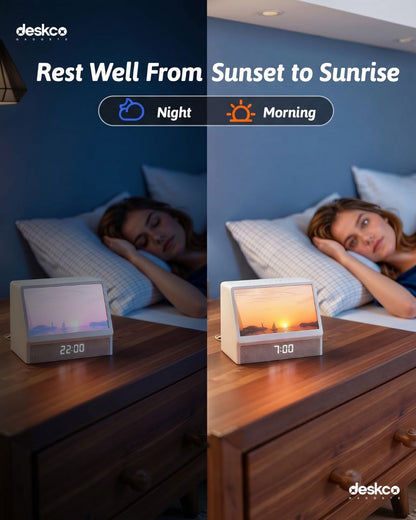Deskco Horizon Dreamer Pro Lamp: Gentle Wake Alarm Clock with Sunrise and Sunset lamp effect & Bedside Bluetooth Speaker