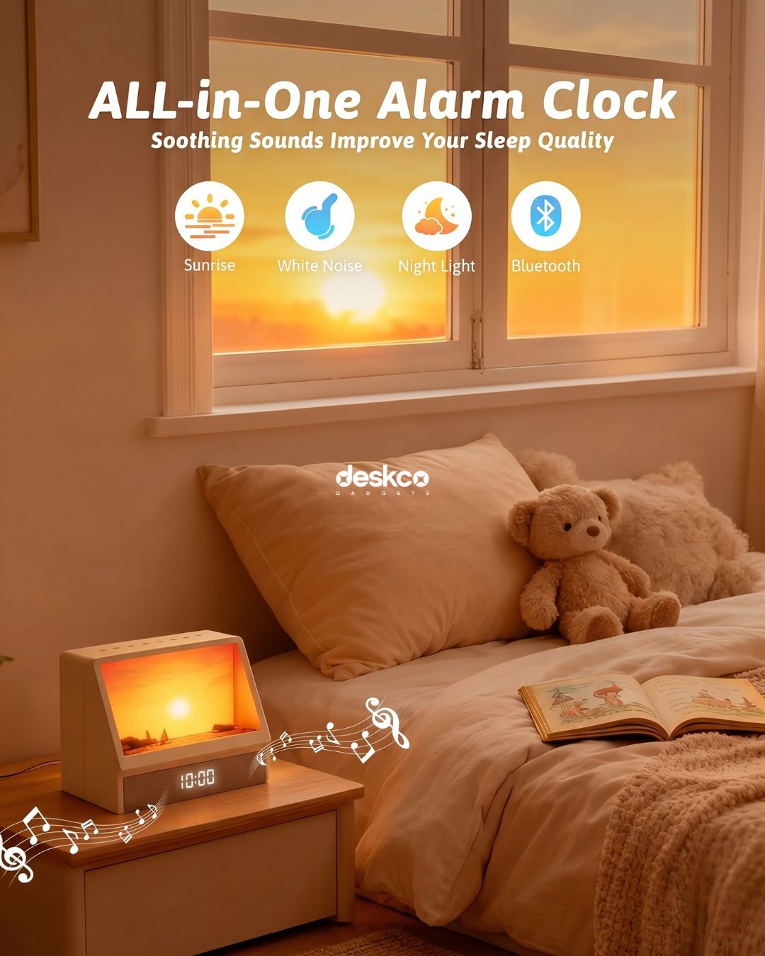 Deskco Horizon Dreamer Pro Lamp: Gentle Wake Alarm Clock with Sunrise and Sunset lamp effect & Bedside Bluetooth Speaker
