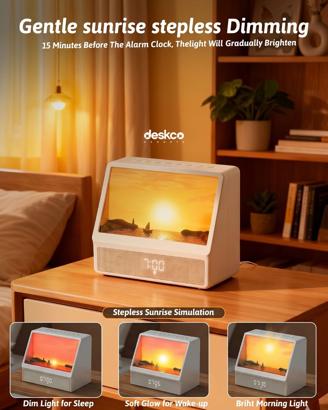 Deskco Horizon Dreamer Pro Lamp: Gentle Wake Alarm Clock with Sunrise and Sunset lamp effect & Bedside Bluetooth Speaker