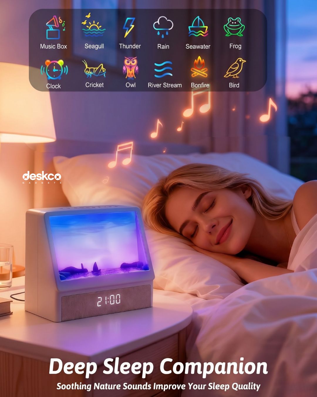 Deskco Horizon Dreamer Pro Lamp: Gentle Wake Alarm Clock with Sunrise and Sunset lamp effect & Bedside Bluetooth Speaker